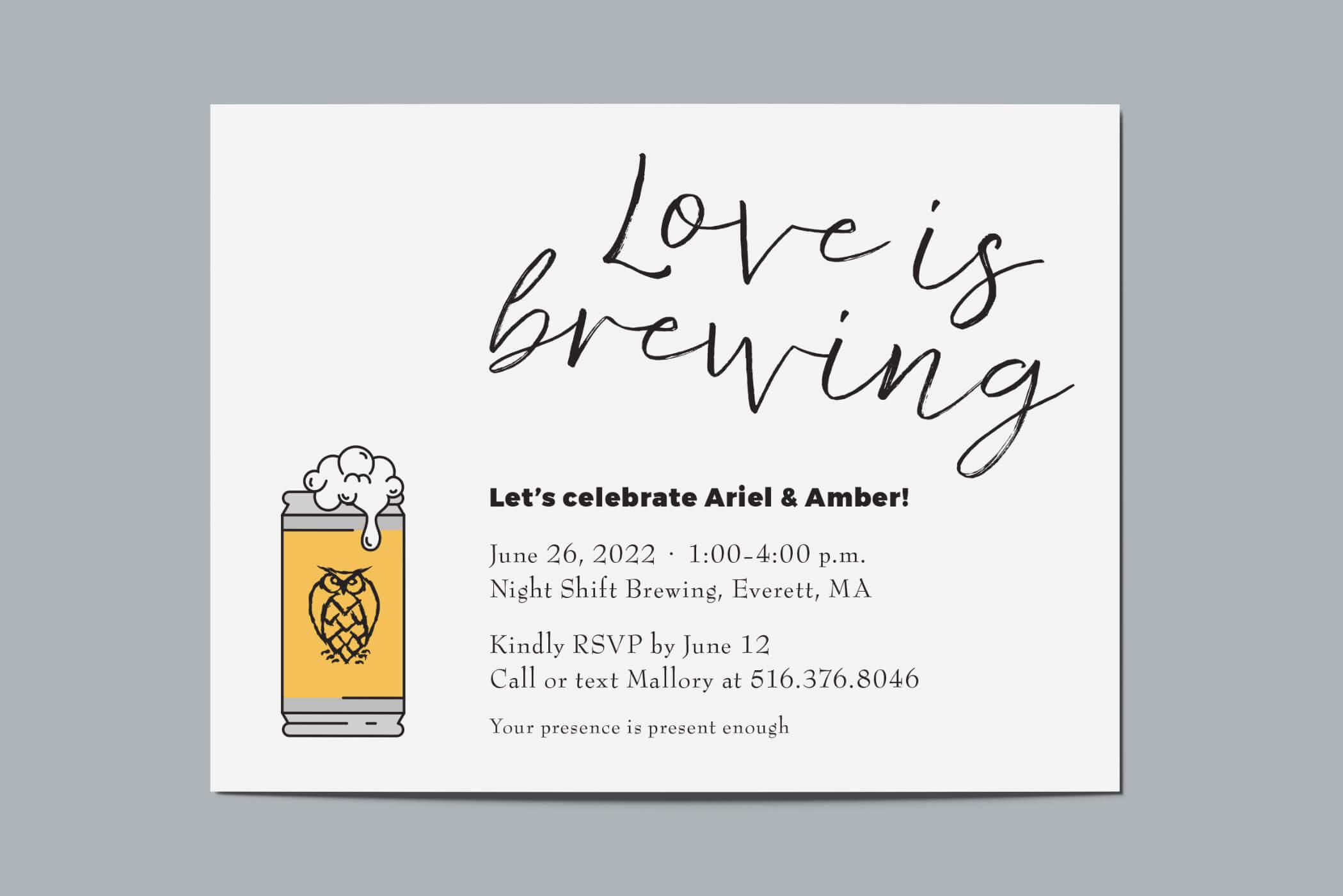 An invitation to a wedding shower at a local brewery