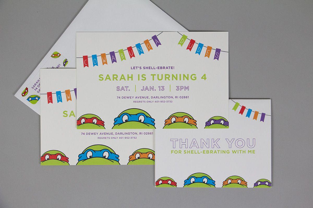 A Ninja Turtles themed invitation, thank you card, and return address label