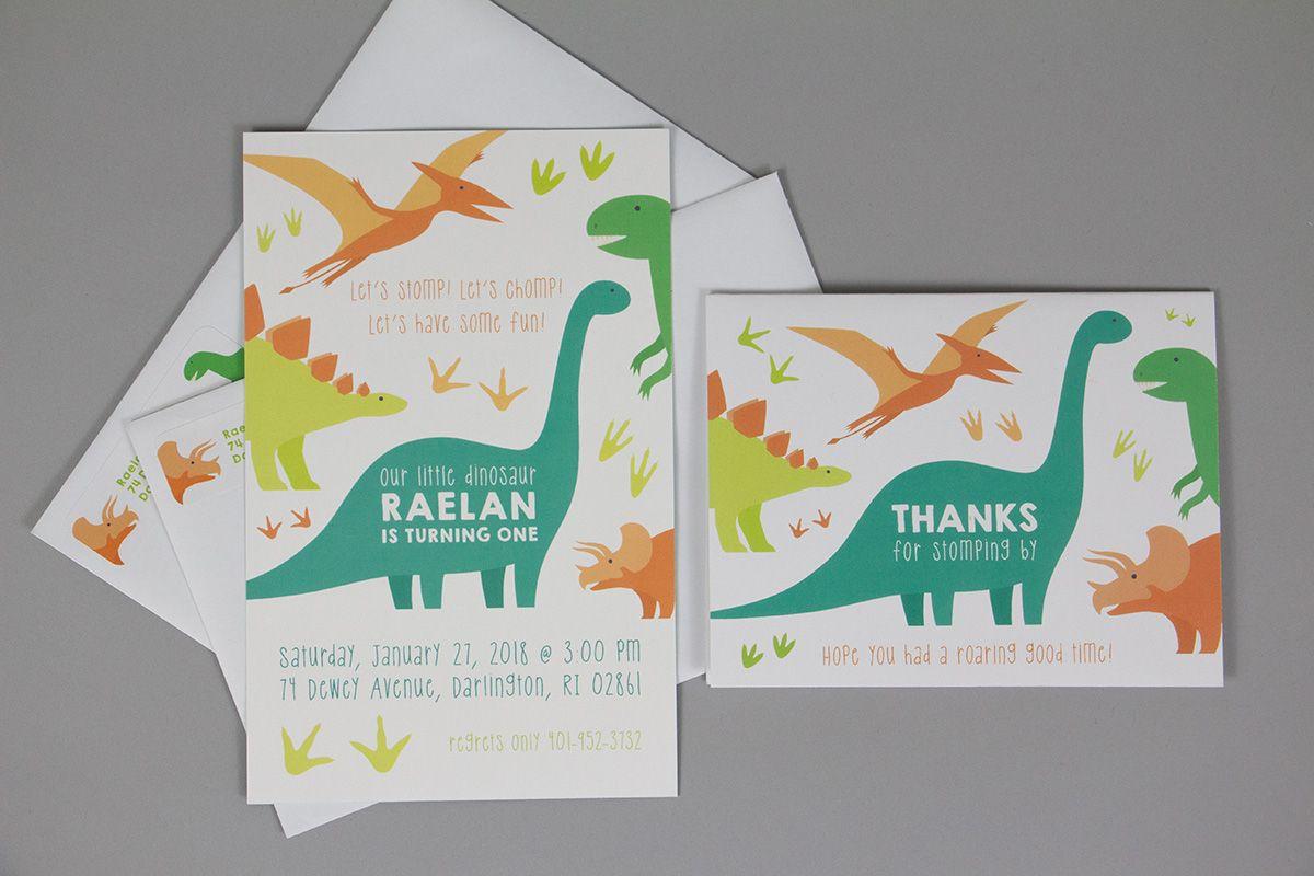 A dinosaur themed invitation, thank you card, and return address label