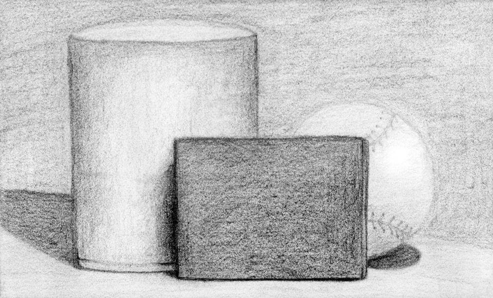 Still life of cylinder, block, and baseball