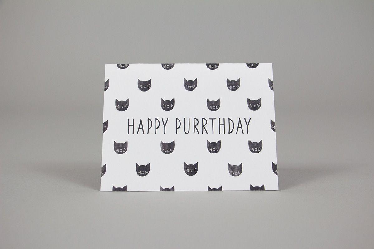 A happy purrthday card with a watercolor cat pattern