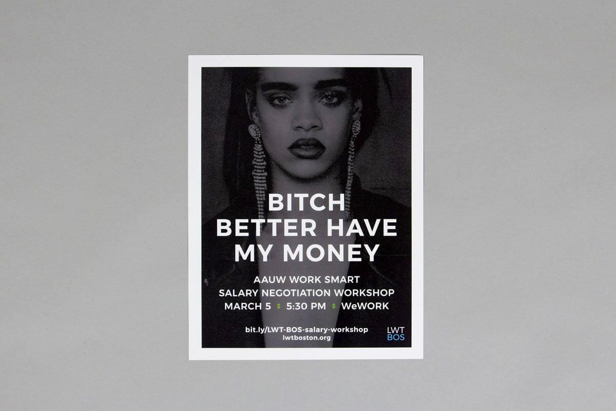 Salary negotiation poster with Rihanna's photo and lyrics on it