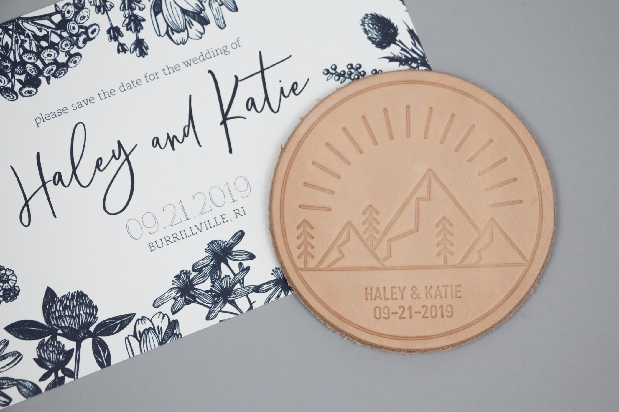 An inviation and leather coaster created with an embossing stamp