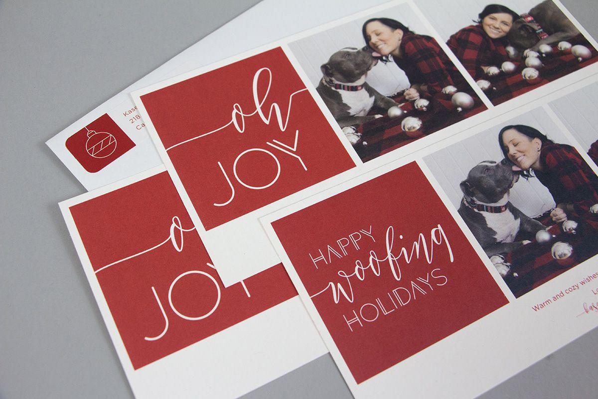 A set of howliday cards that read 'oh joy' and 'happy woofing holidays'