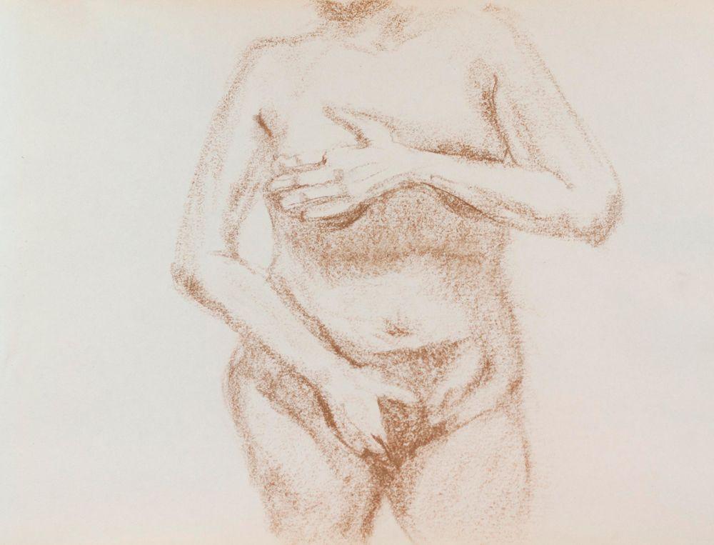 Figure drawing of a woman holding herself