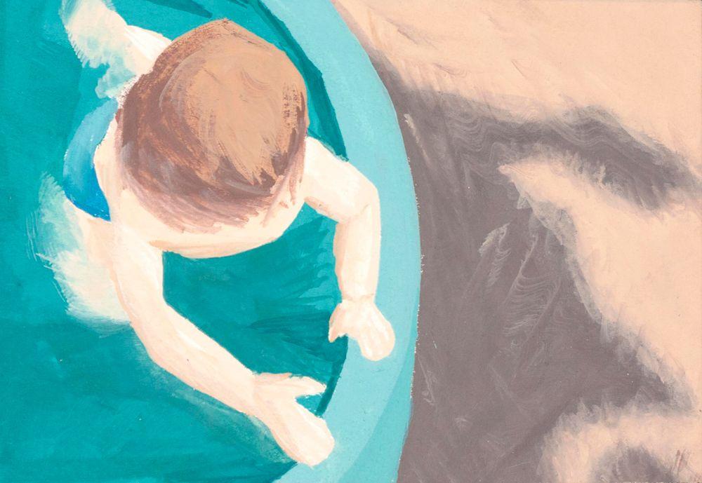 Gouache painting looking down on a toddler in a baby pool