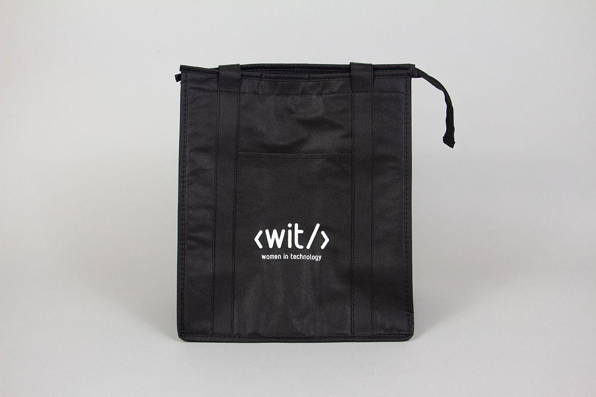 A WIT-branded insulated shopping bag