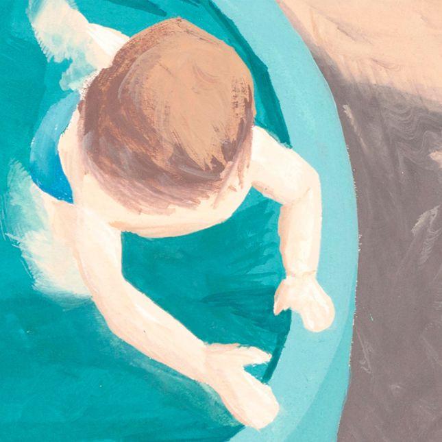 Gouache painting looking down on a toddler in a baby pool