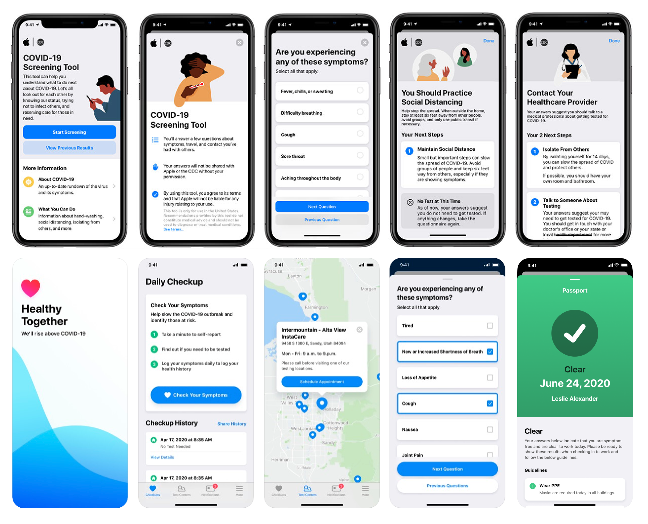 Screens from the Apple and HealthyTogether COVID-19 screening apps