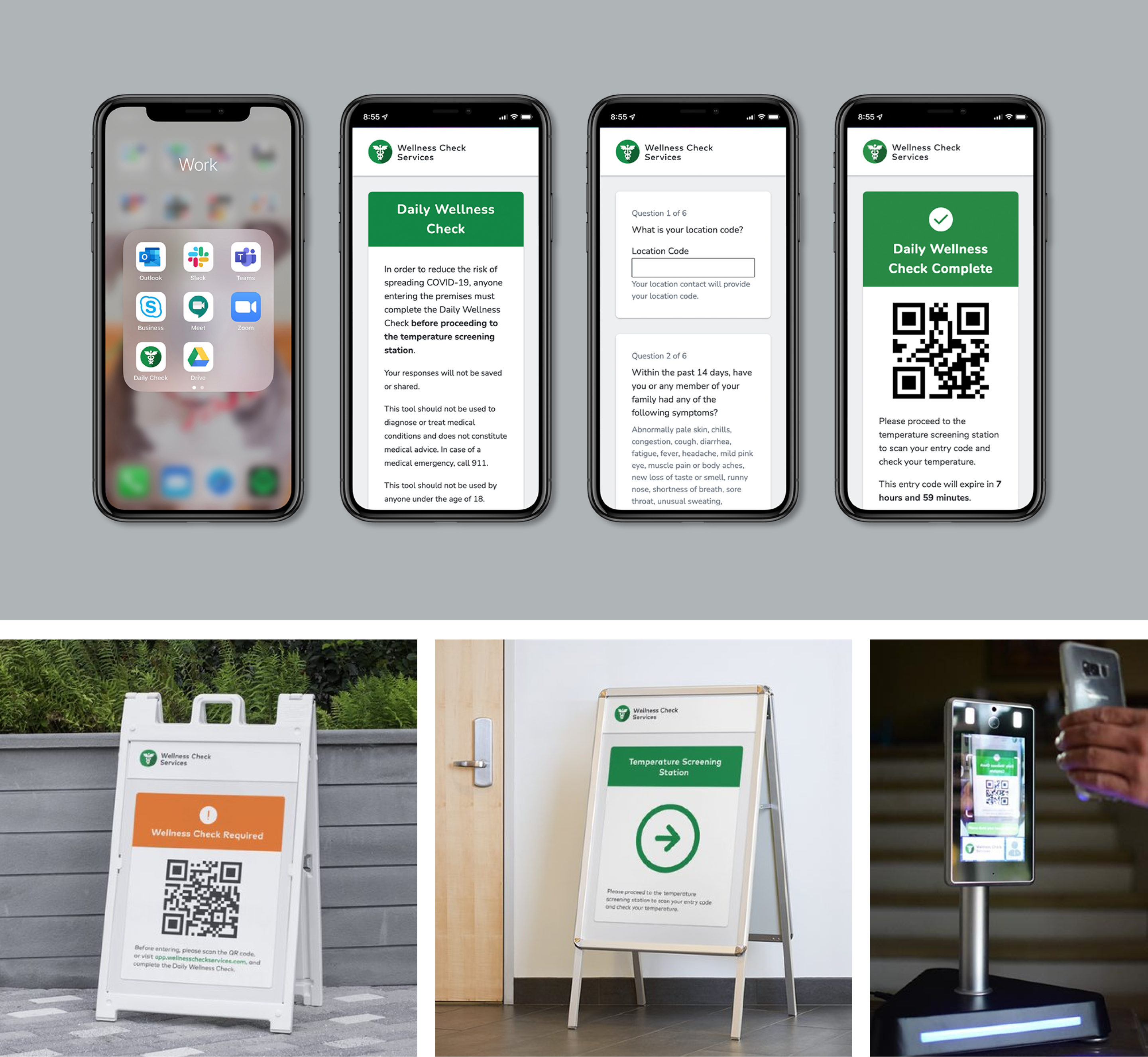 Success flow, wayfinding signage, and the entry code being scanned at a temperature scanning device