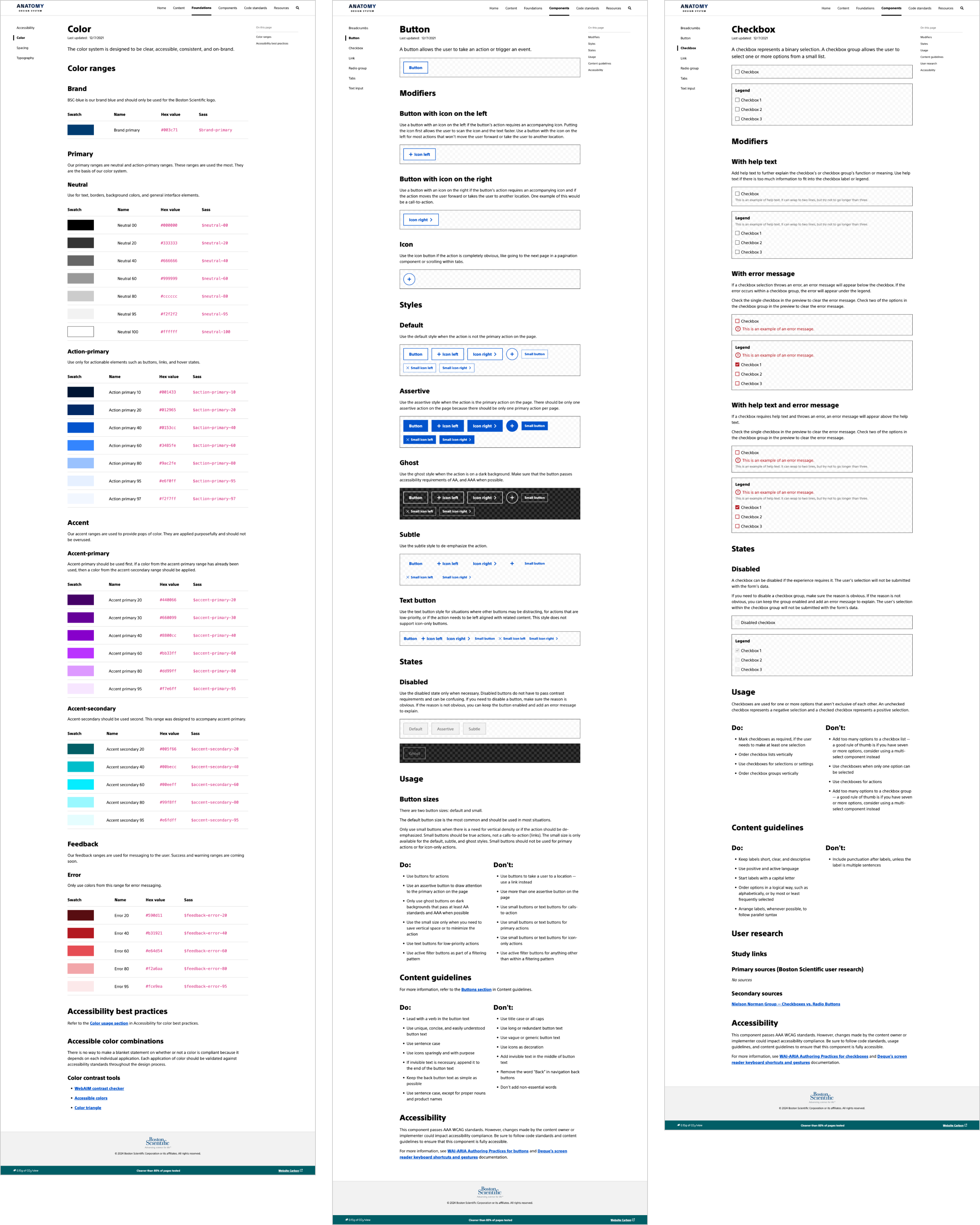 Color, button component, and checkbox component pages on the MVP documentation site