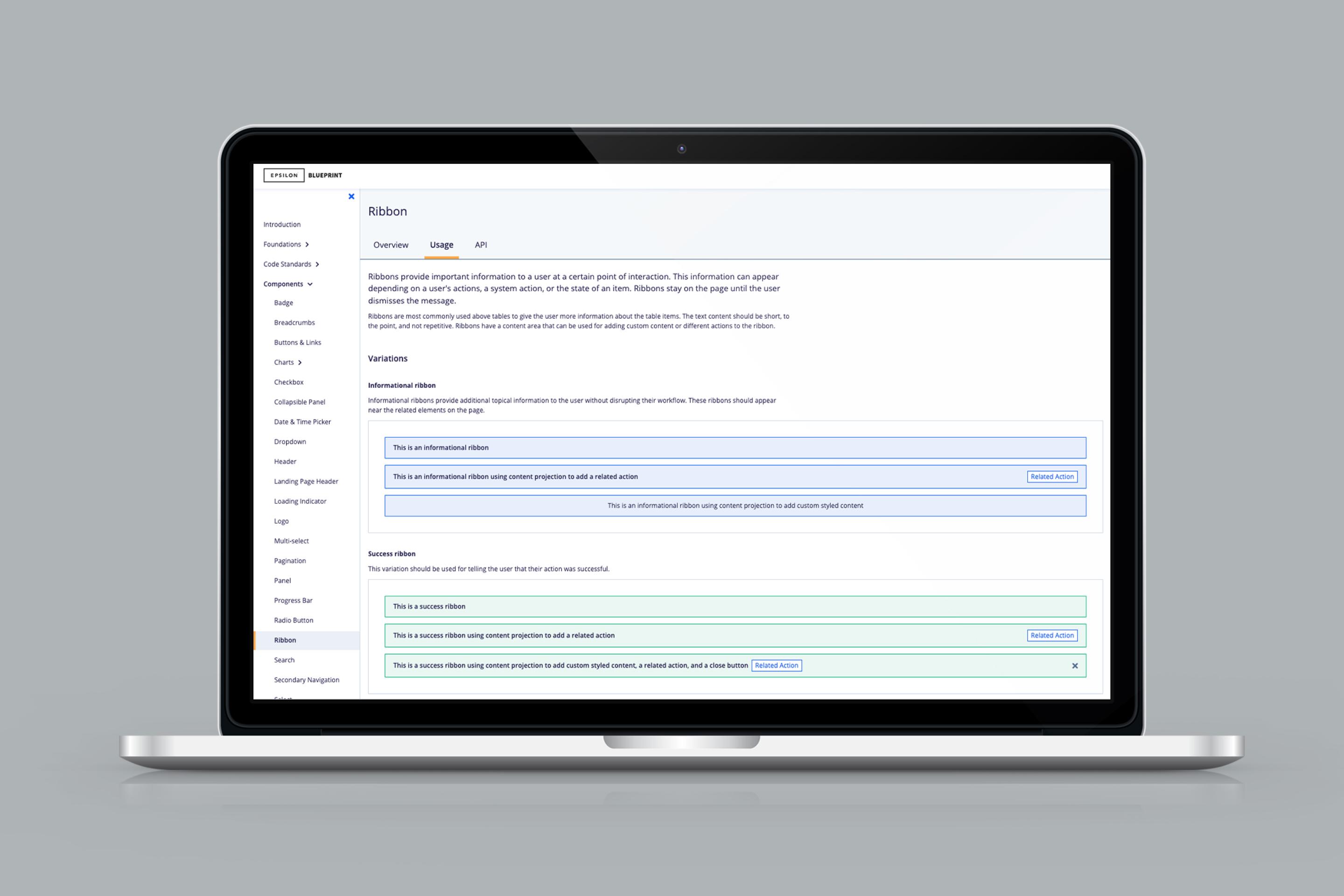 Ribbon component usage guidelines on the Blueprint documentation site